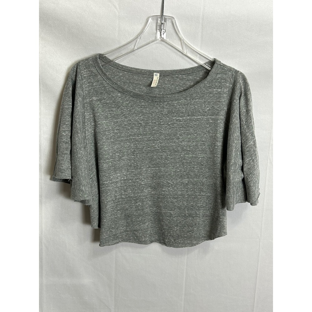 FP Movement Free People Gray Flutter Sleeve Crop Top Large Scoop Neck Boxy Tee - Picture 2 of 9